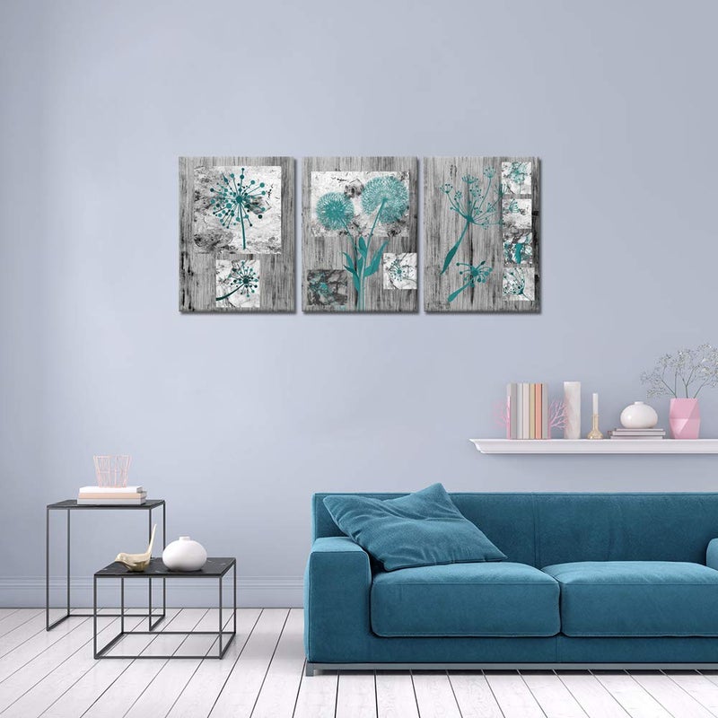 Visual Art Decor Teal Dandelion Flower Painting Rustic Farmhouse Decor Framed Canvas Wall Art Ready to Hang Teal Bathroom Decor 12inchx16inchx3 Pieces - Image 2